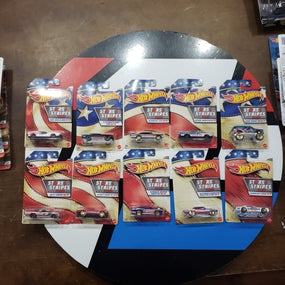 Hot Wheels Stars & Stripes 2019 Set Of 10 AMC Javelin AMX '71 Plymouth HEMI CUDA '64 Pontiac GTO '68 HEMI Barracuda '68 El Camino '70 Chevy Camaro RS Plymouth Duster Thruster '68 Plymouth Barracuda Super Stock HEMI '68 Mercury Cougar R16242