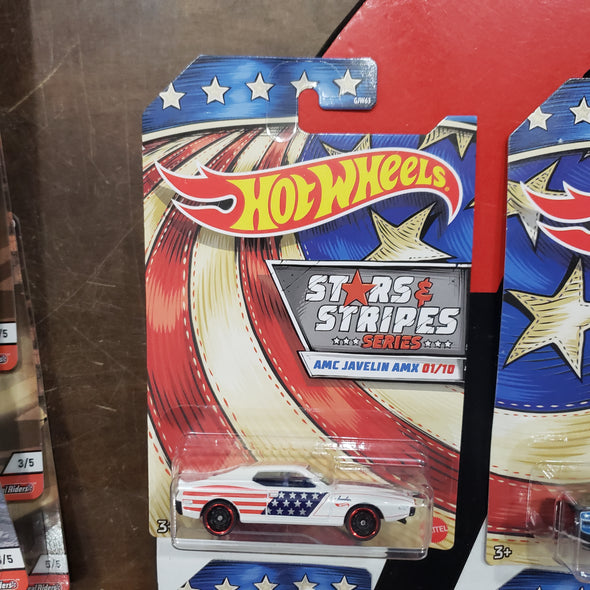 Hot Wheels Stars & Stripes 2019 Set Of 10 AMC Javelin AMX '71 Plymouth HEMI CUDA '64 Pontiac GTO '68 HEMI Barracuda '68 El Camino '70 Chevy Camaro RS Plymouth Duster Thruster '68 Plymouth Barracuda Super Stock HEMI '68 Mercury Cougar R16242