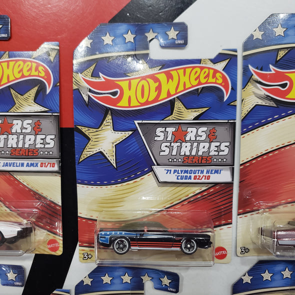 Hot Wheels Stars & Stripes 2019 Set Of 10 AMC Javelin AMX '71 Plymouth HEMI CUDA '64 Pontiac GTO '68 HEMI Barracuda '68 El Camino '70 Chevy Camaro RS Plymouth Duster Thruster '68 Plymouth Barracuda Super Stock HEMI '68 Mercury Cougar R16242