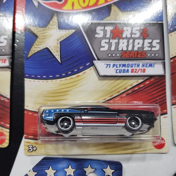 Hot Wheels Stars & Stripes 2019 Set Of 10 AMC Javelin AMX '71 Plymouth HEMI CUDA '64 Pontiac GTO '68 HEMI Barracuda '68 El Camino '70 Chevy Camaro RS Plymouth Duster Thruster '68 Plymouth Barracuda Super Stock HEMI '68 Mercury Cougar R16242