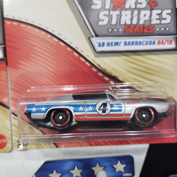 Hot Wheels Stars & Stripes 2019 Set Of 10 AMC Javelin AMX '71 Plymouth HEMI CUDA '64 Pontiac GTO '68 HEMI Barracuda '68 El Camino '70 Chevy Camaro RS Plymouth Duster Thruster '68 Plymouth Barracuda Super Stock HEMI '68 Mercury Cougar R16242