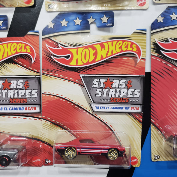 Hot Wheels Stars & Stripes 2019 Set Of 10 AMC Javelin AMX '71 Plymouth HEMI CUDA '64 Pontiac GTO '68 HEMI Barracuda '68 El Camino '70 Chevy Camaro RS Plymouth Duster Thruster '68 Plymouth Barracuda Super Stock HEMI '68 Mercury Cougar R16242