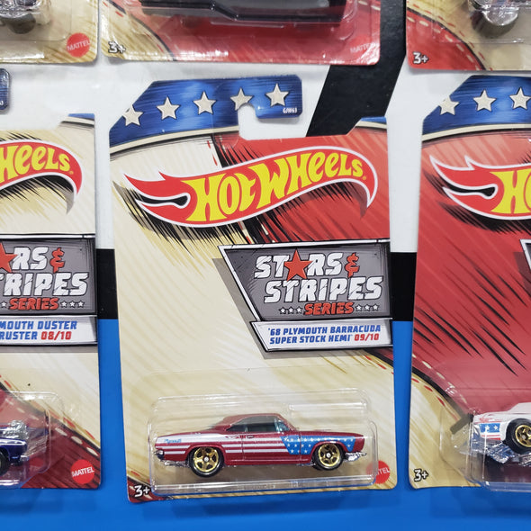 Hot Wheels Stars & Stripes 2019 Set Of 10 AMC Javelin AMX '71 Plymouth HEMI CUDA '64 Pontiac GTO '68 HEMI Barracuda '68 El Camino '70 Chevy Camaro RS Plymouth Duster Thruster '68 Plymouth Barracuda Super Stock HEMI '68 Mercury Cougar R16242