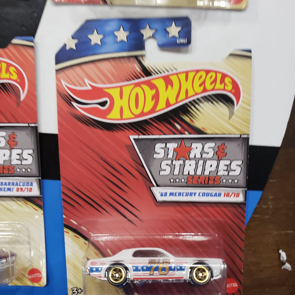 Hot Wheels Stars & Stripes 2019 Set Of 10 AMC Javelin AMX '71 Plymouth HEMI CUDA '64 Pontiac GTO '68 HEMI Barracuda '68 El Camino '70 Chevy Camaro RS Plymouth Duster Thruster '68 Plymouth Barracuda Super Stock HEMI '68 Mercury Cougar R16242