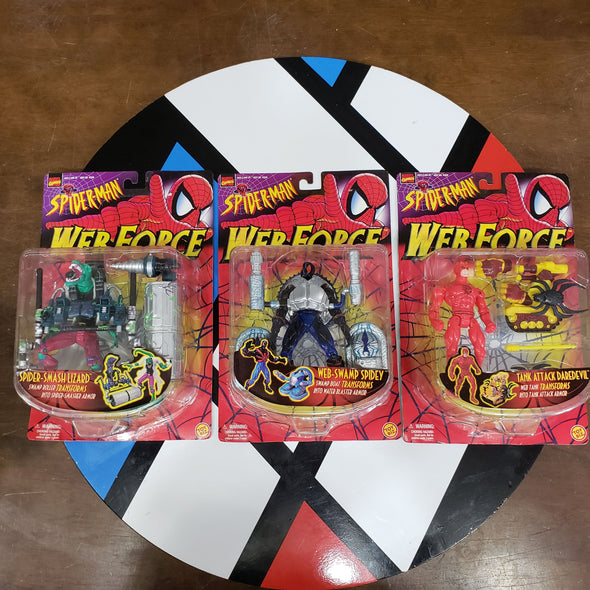 Lot of 3 Marvel ToyBiz Spider-Man Webforce Action Figures Spider-Smash Lizard Web-Swamp Spidey Tank Attack Daredevil